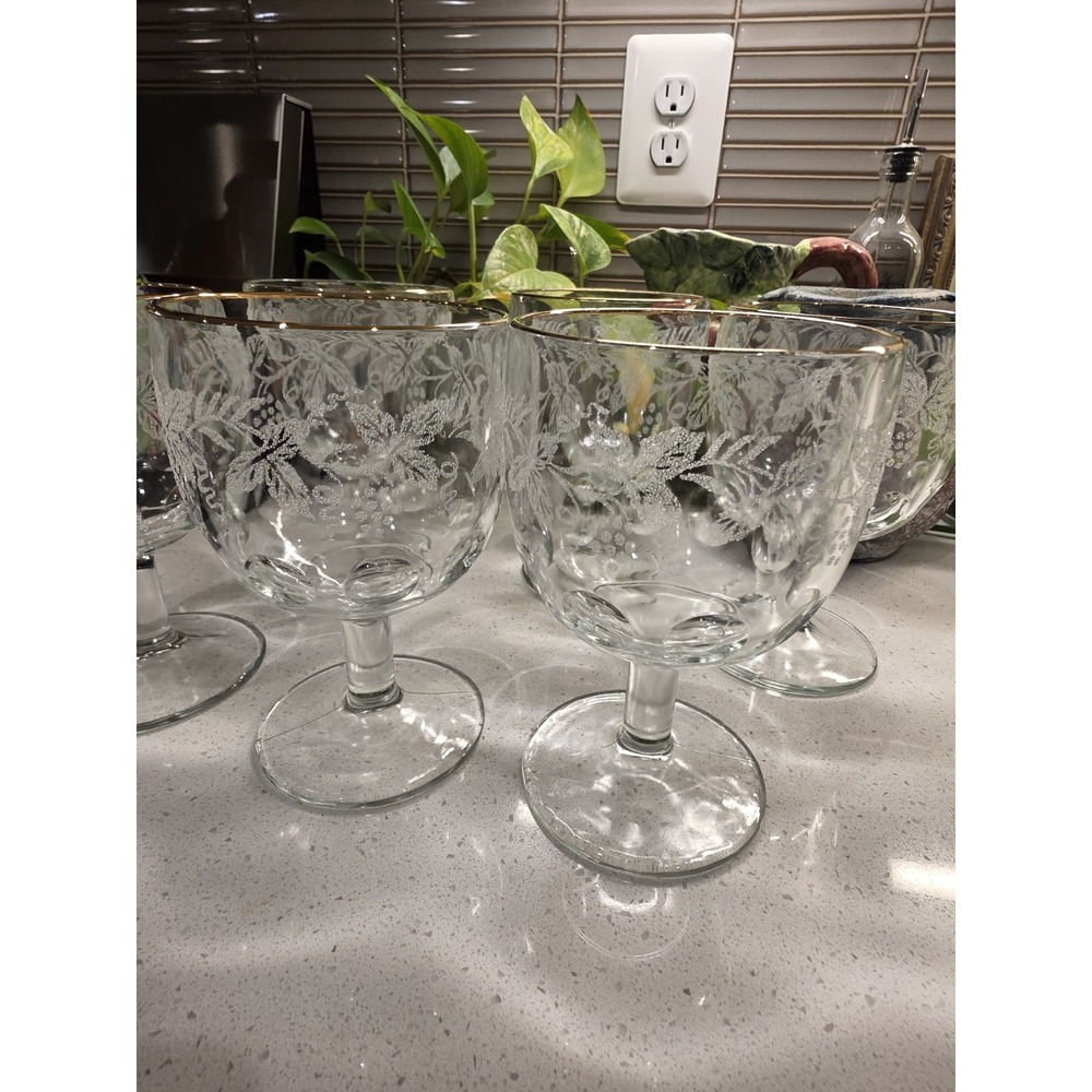 Six Bartlett Collins Grape And Leaves Gold Rim Goblets VTG